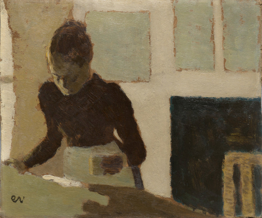 Painting of a woman in a dark dress, head bowed, ironing at a pale green table in front of a window, light falling on the side of her face.