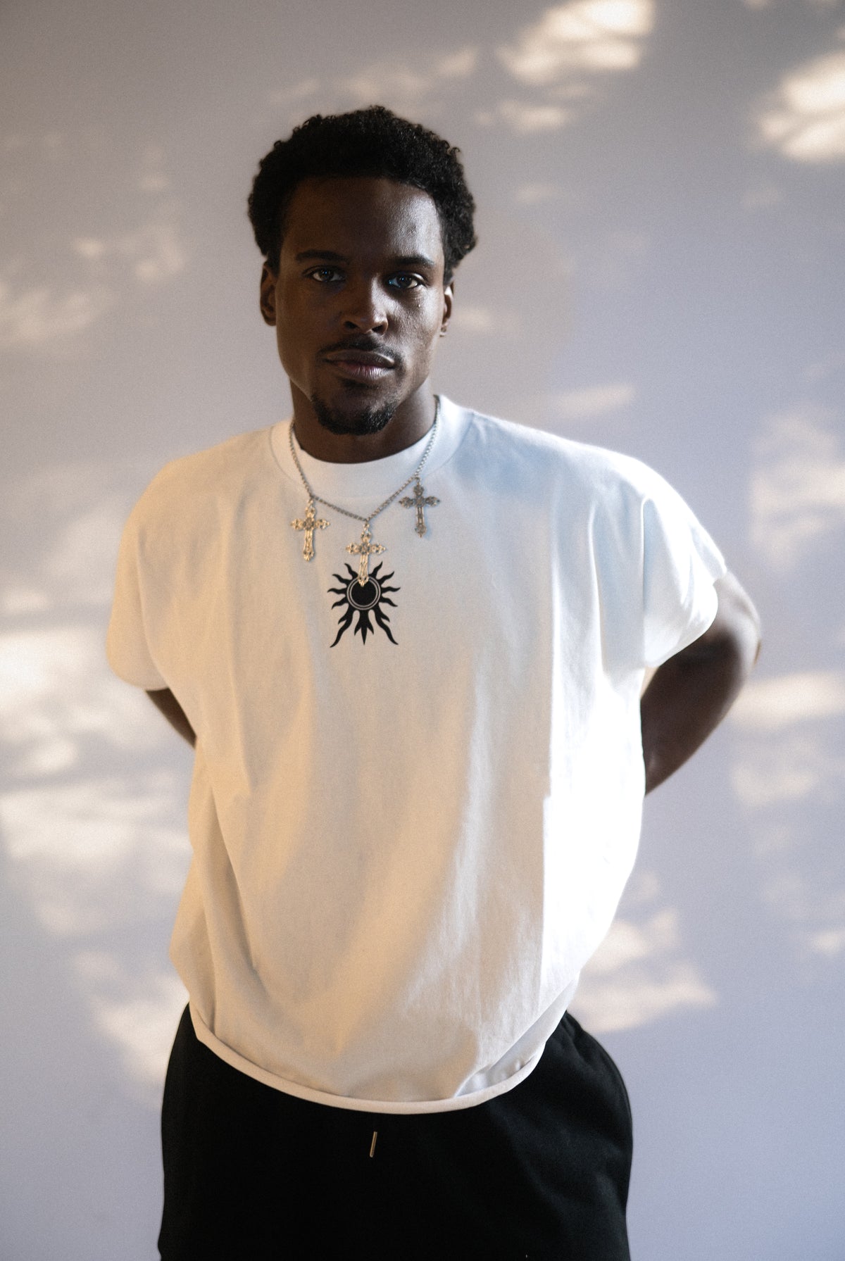 Saints Half-Sleeve Tunic - side view - Apolyth dark aesthetic clothing