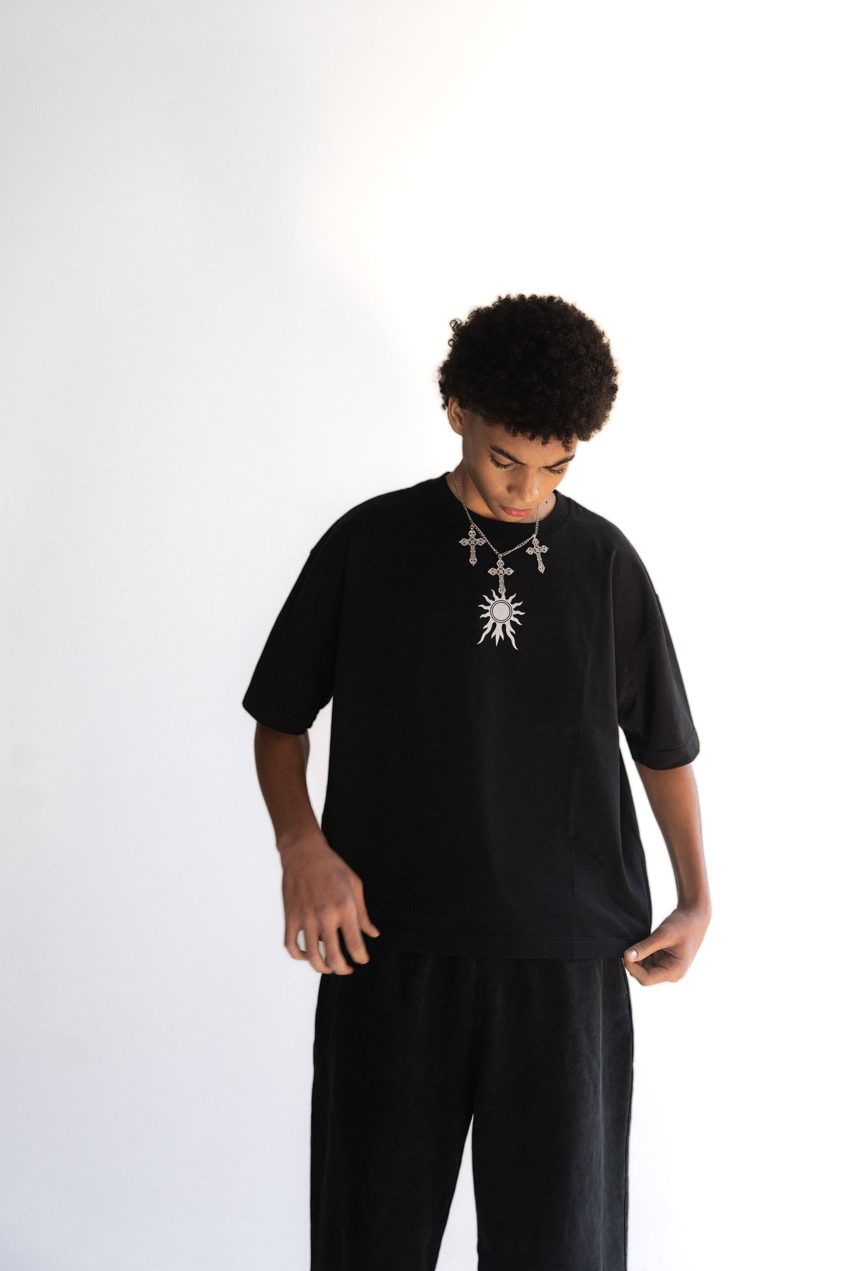 Saints Black Tunic - side view - Apolyth dark aesthetic clothing