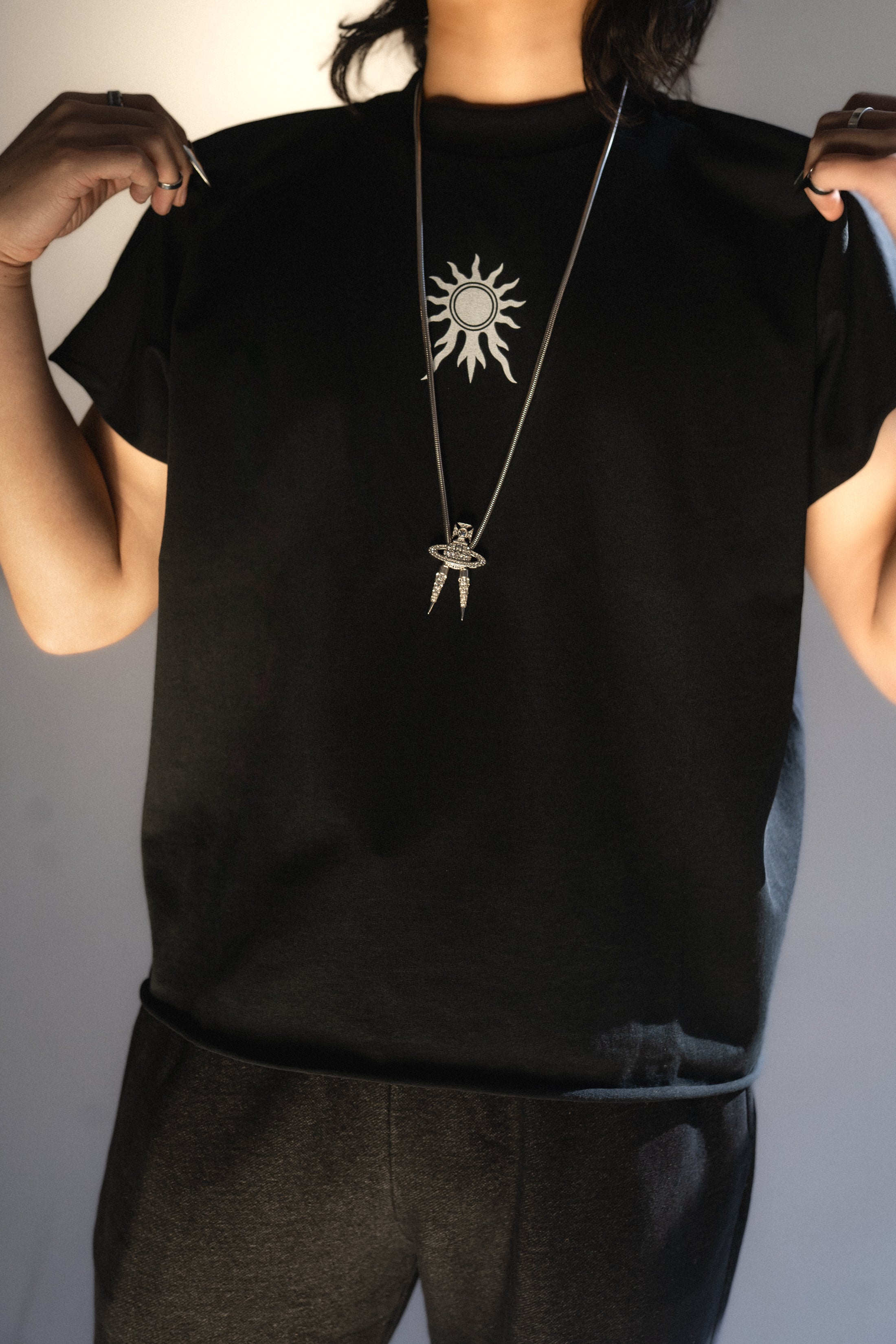 Saints Half-Sleeve Black Tunic - side view - Apolyth dark aesthetic clothing
