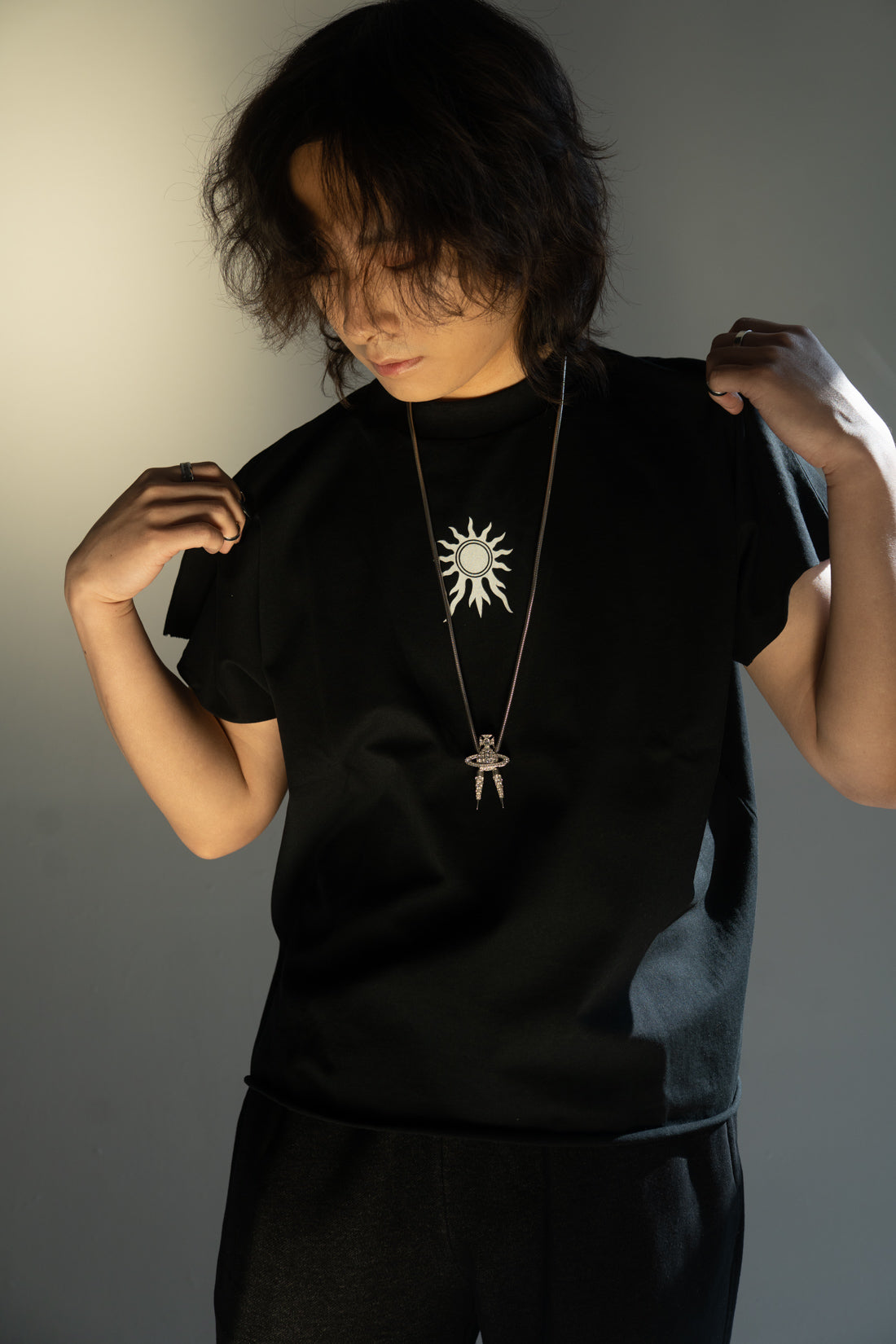 Saints Half-Sleeve Black Tunic - close-up - Apolyth dark aesthetic clothing