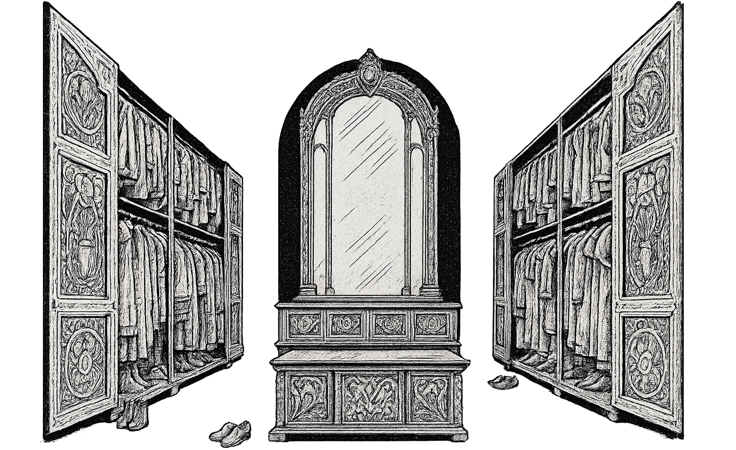 Decorative wardrobe with open doors showing clothes and a mirror.