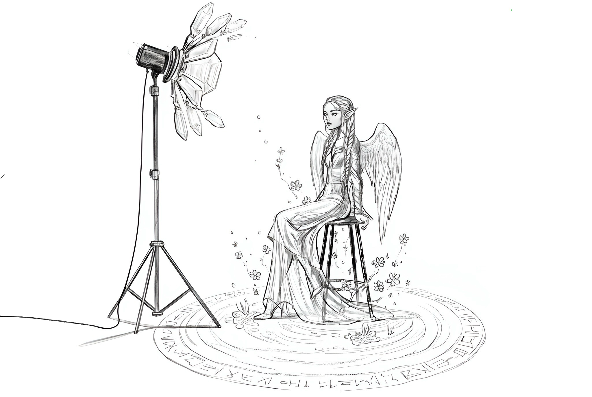 Illustration of a person with wings sitting on a stool next to a camera light, surrounded by flowers on a white background.