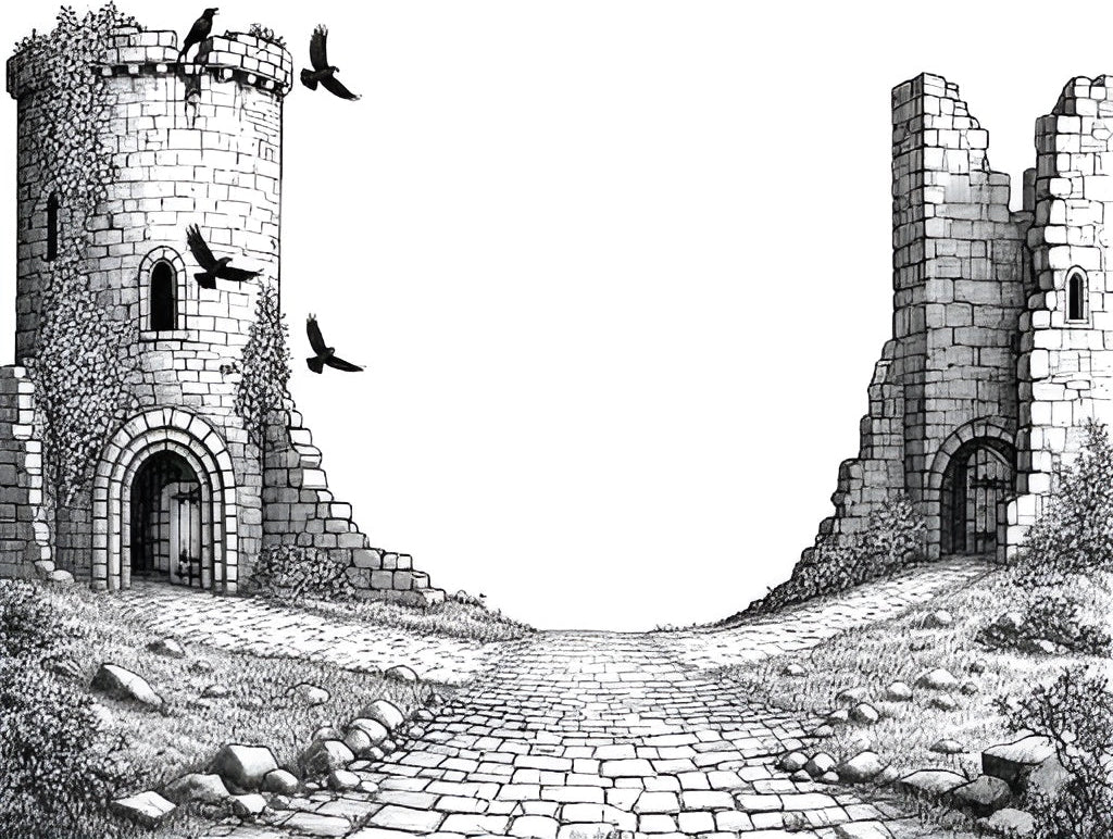Illustration of two stone towers with a path leading between them.
