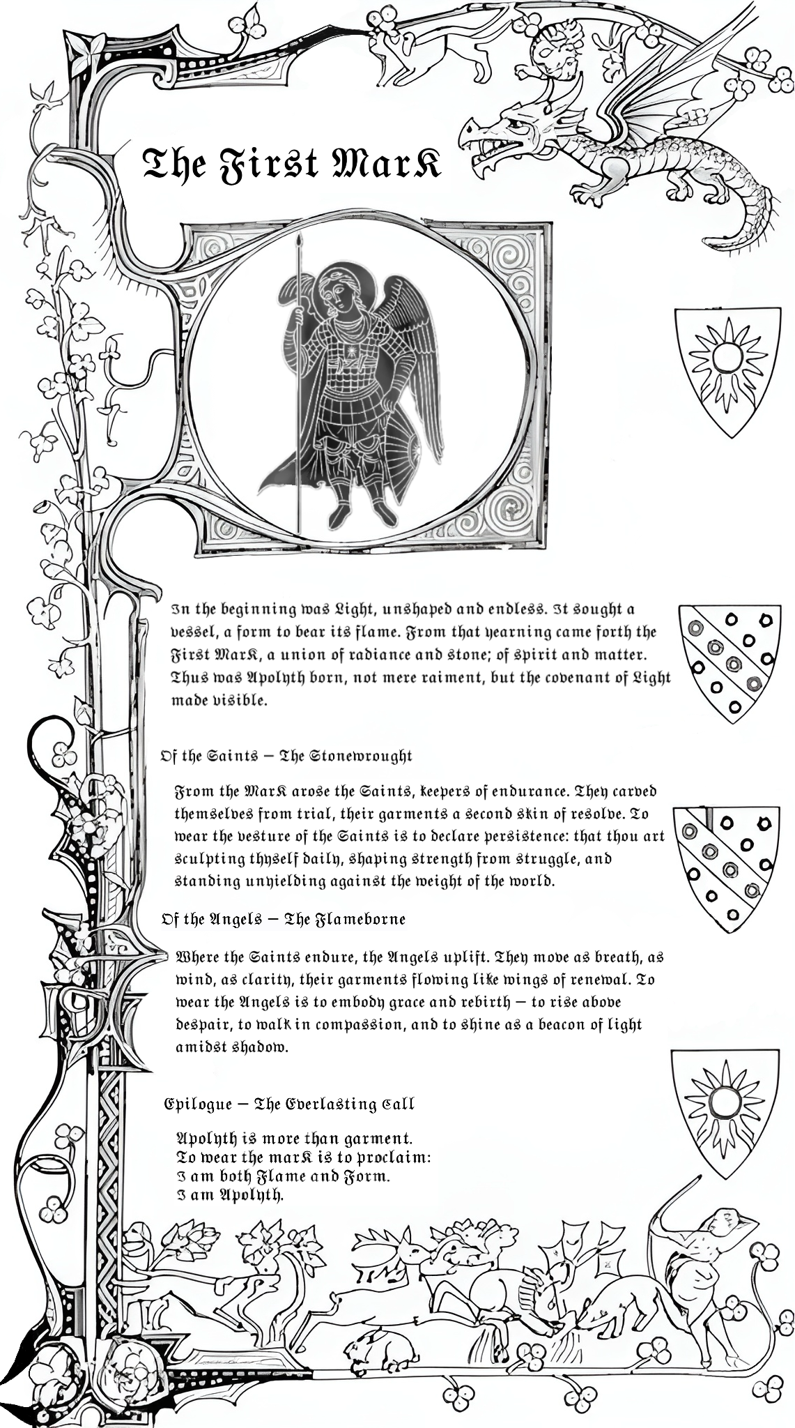 Decorative page with text and illustrations of an angel, dragon, and other symbols.